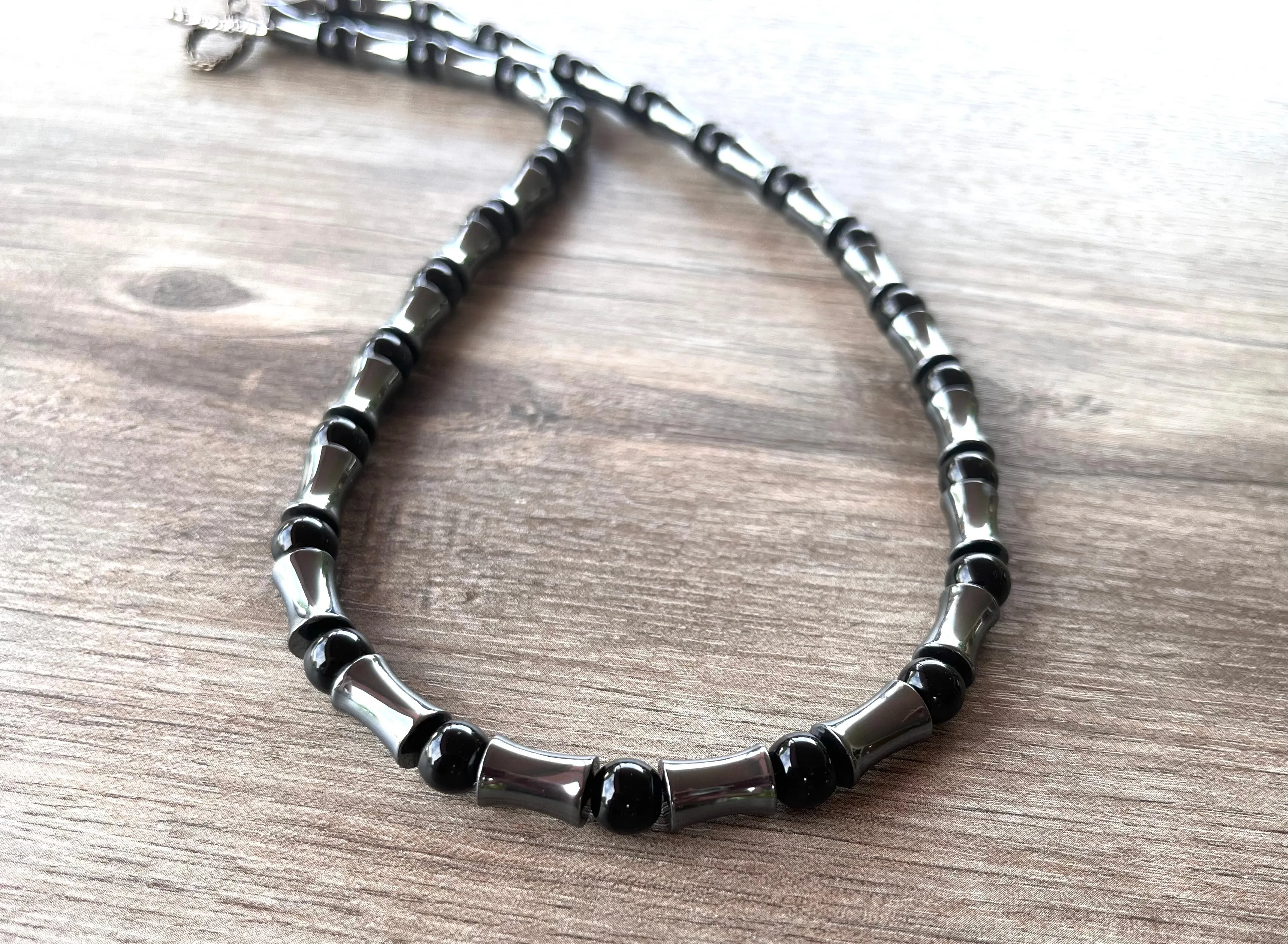 Hematite Onyx Gray Black Beaded Long Mens Necklace - Jayce