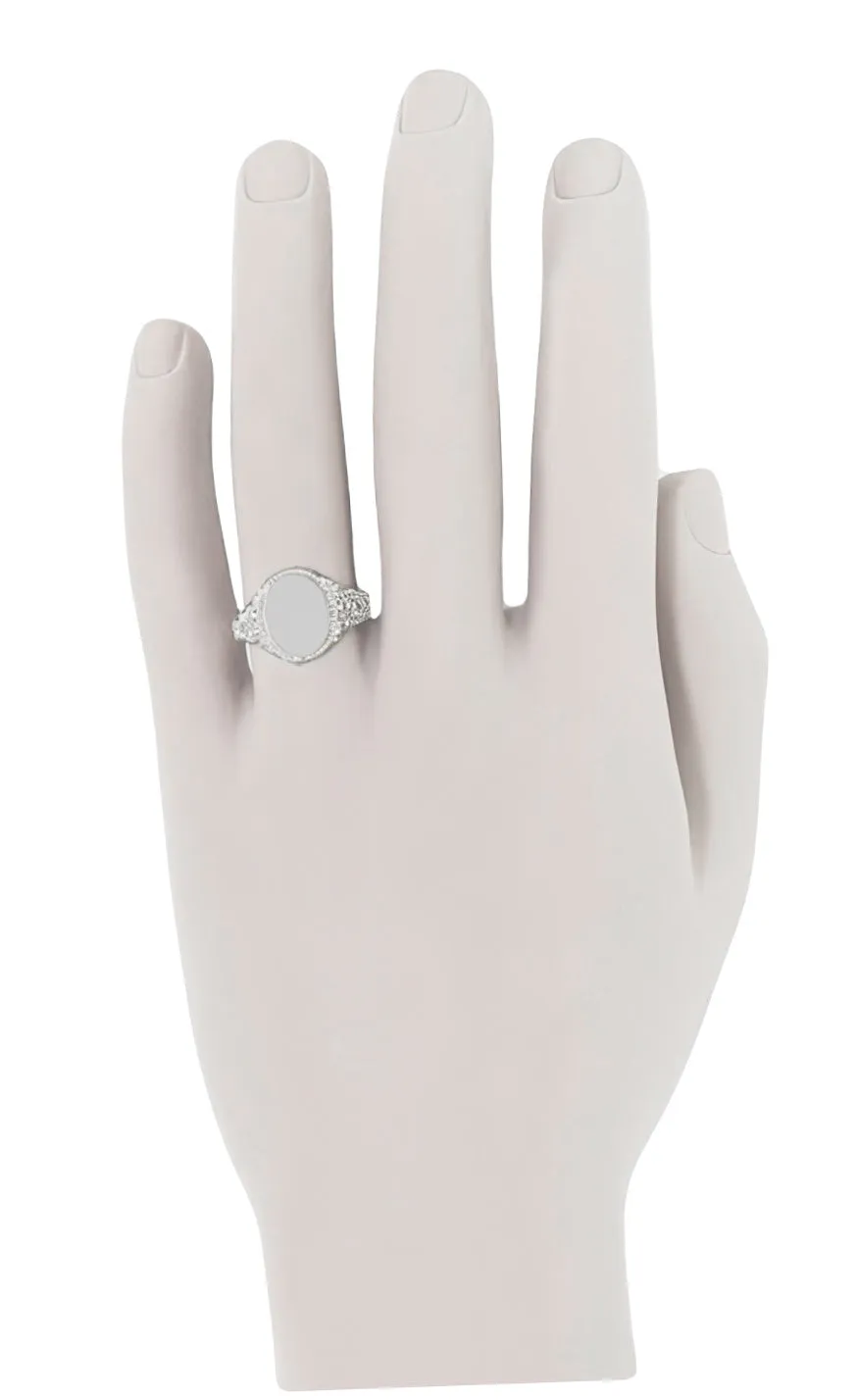 Victorian White Gold Oval Signet Ring with Engraved Side Scrolls